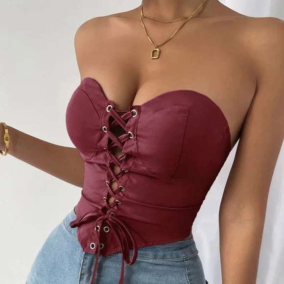 Boho Orange Lace up Bustier Corset Cropped Top - Picture 15 of 15